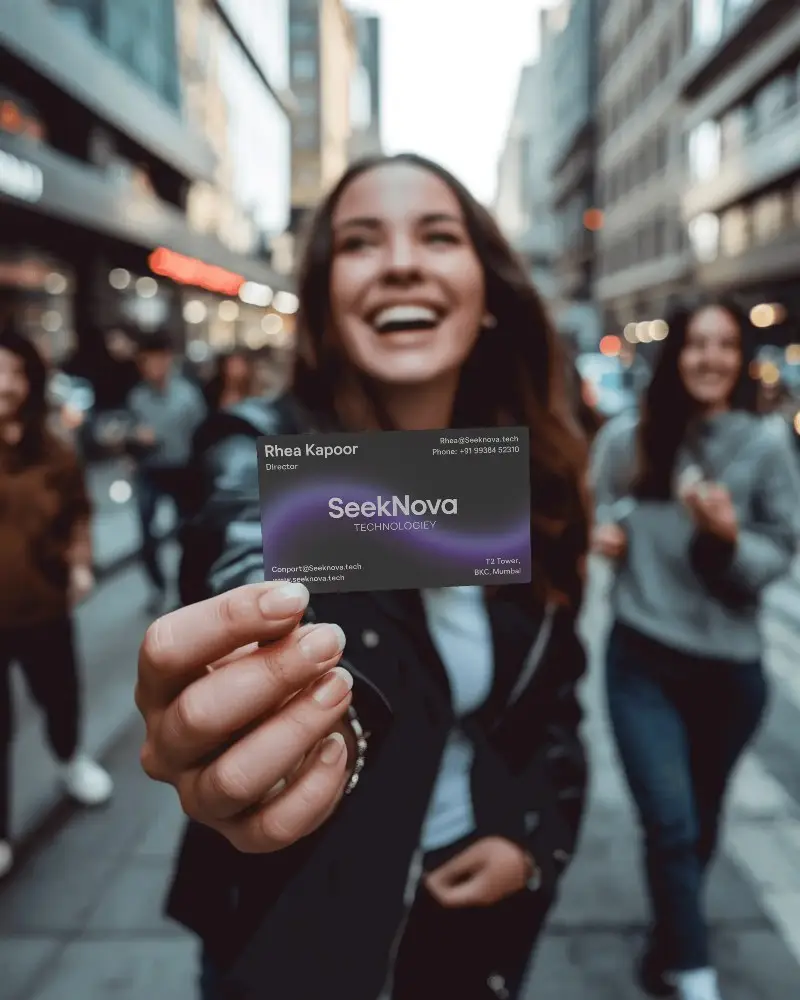 Woman Holding Blank Business Card On Busy City Street For Clear Message Display