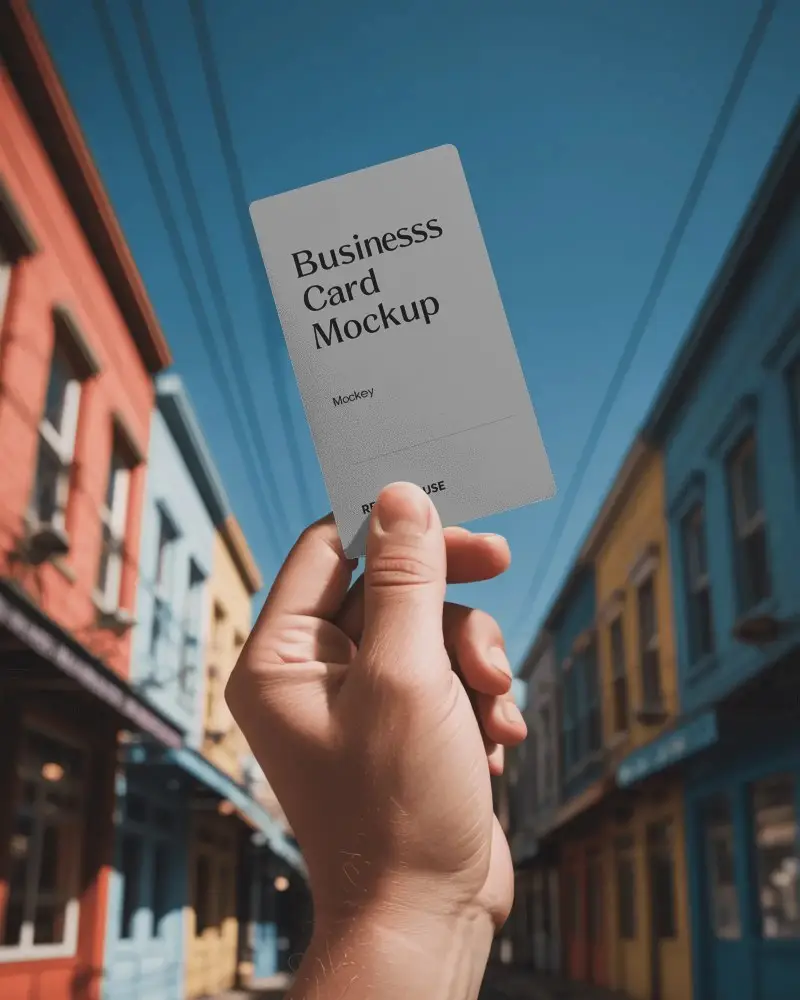 Hand Holding Minimalist Blank Business Card Over Urban Street Background For Mockup Usage