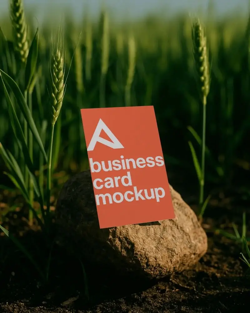 Vertical Business Card Mockup Placed On Rock Wheat Field Background Natural Setting