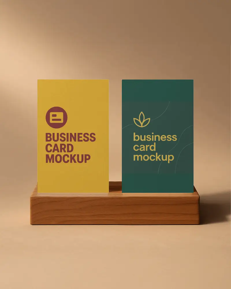 Two Vertical Business Card Mockups Wooden Stand Beige Background Contrasting Colors