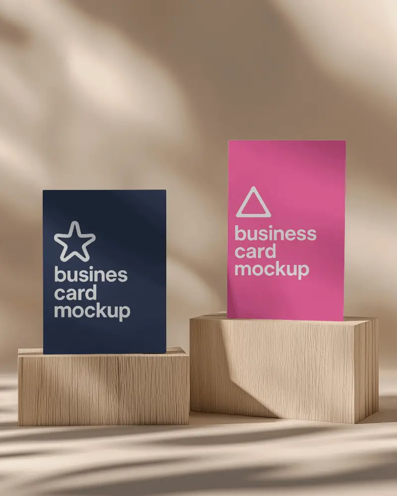Two Vertical Business Card Mockups Wooden Blocks Beige Background Shadows