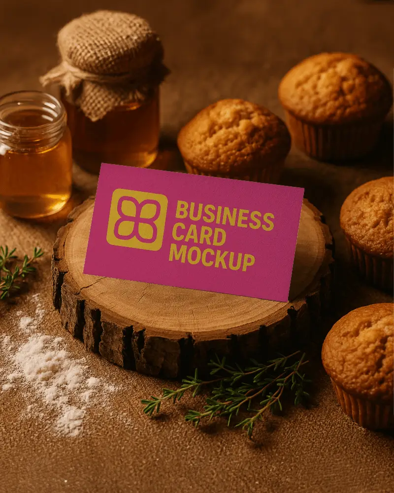 Horizontal Business Card Mockup Wood Log Background Muffins Honey Jars