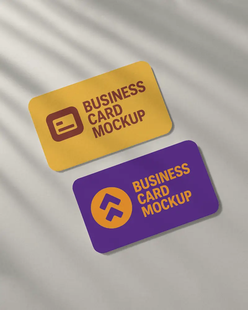 Two Horizontal Business Card Mockups Rounded Corners Light Gray Background Shadows