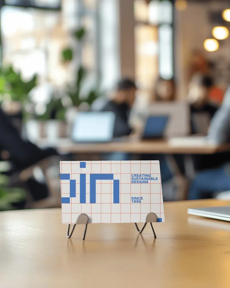 Modern Office Business Card Mockup On Metal Stand In Bright Coworking Space With Laptops In Background