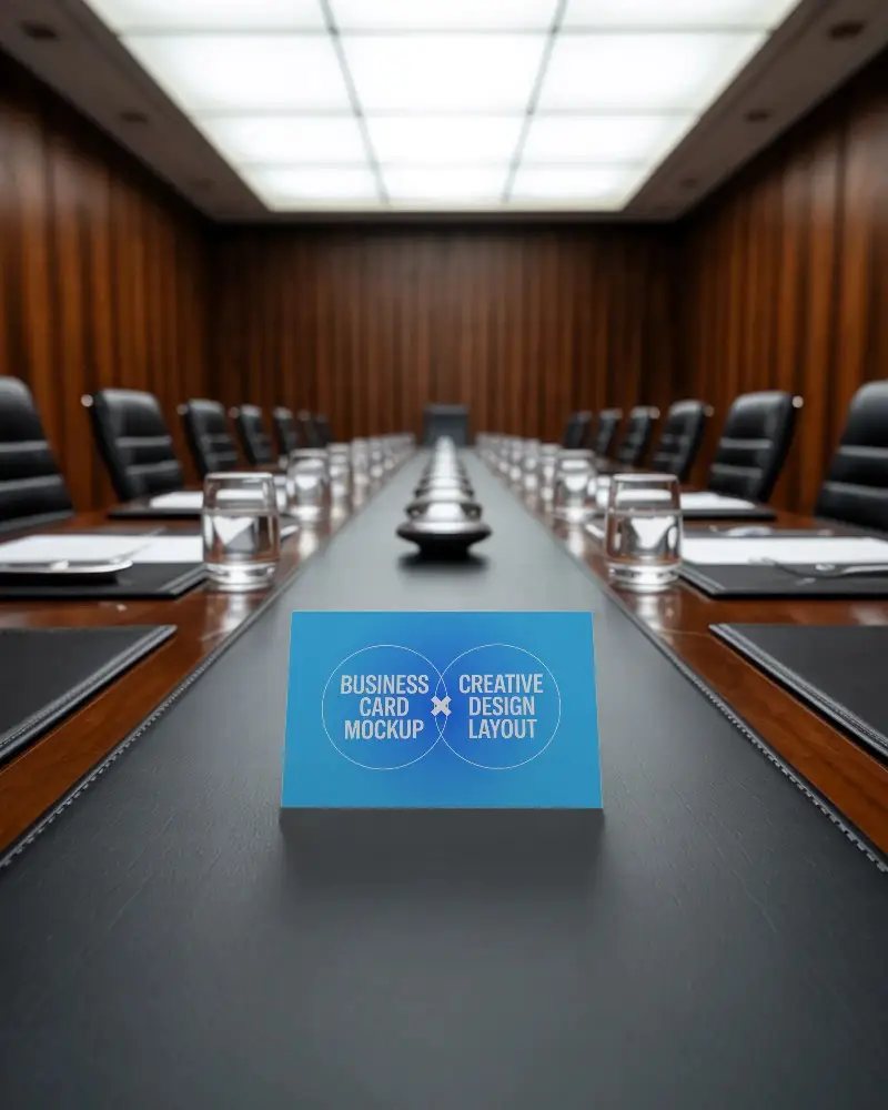Professional Business Card Mockup On Corporate Boardroom Table With Leather Pads