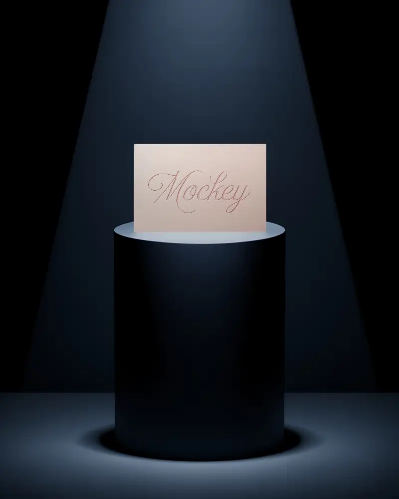 Minimalist Business Card Mockup On Dark Pedestal With Spotlight Showcasing Professional Branding