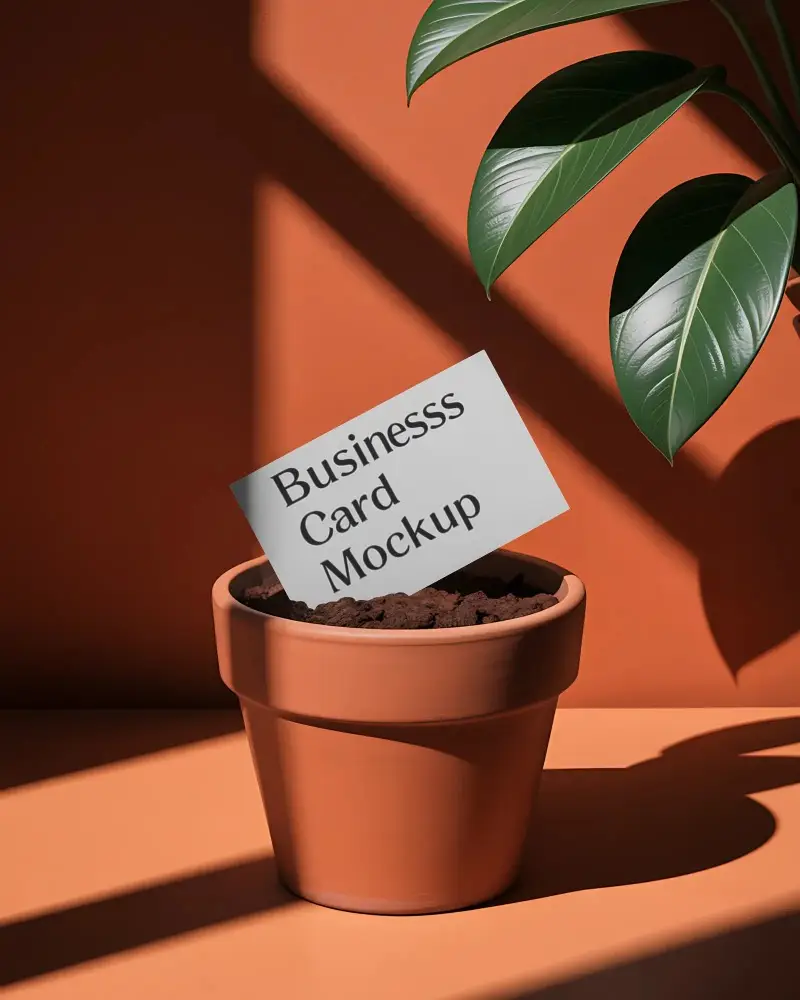 Business Card Mockup In Plant Pot With Natural Light And Shadows Showing Clean Design