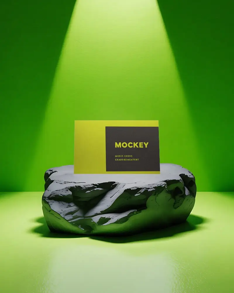 Modern Horizontal Business Card Mockup With Natural Rock Base And Spotlight Background