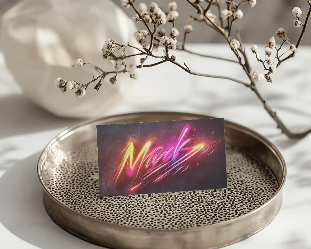 Sunlit Minimal Business Card Mockup On Metallic Perforated Tray With Dried Floral Accent Soft Shadows And Elegant Aesthetic 0155