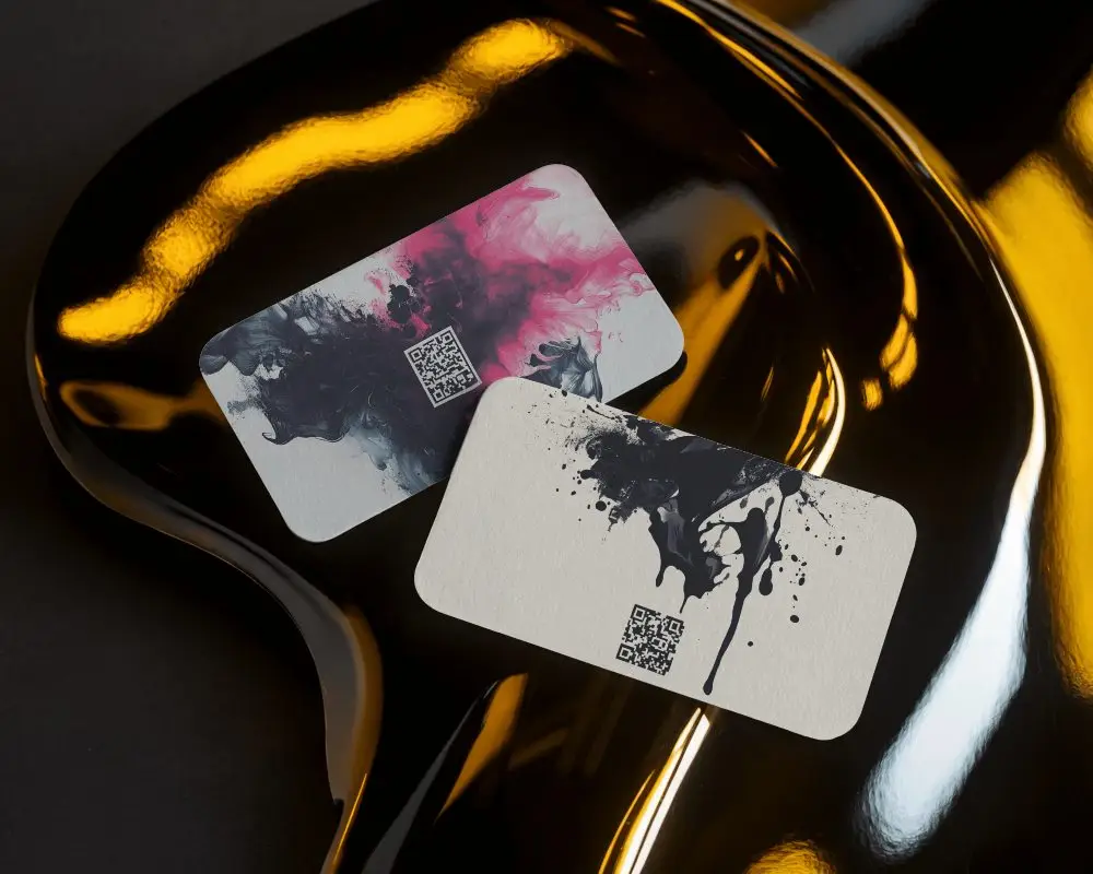 Glossy Sculptural Surface Business Card Mockup Two Rounded Cards On Liquid Metal Texture With Dramatic Yellow Highlights Modern And Luxurious Branding Visual 0157