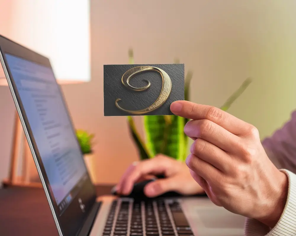 Modern Home Office Business Card Mockup Hand Holding Card In Focus Near Laptop Screen Soft Evening Lighting With Green Plants In Background 0165