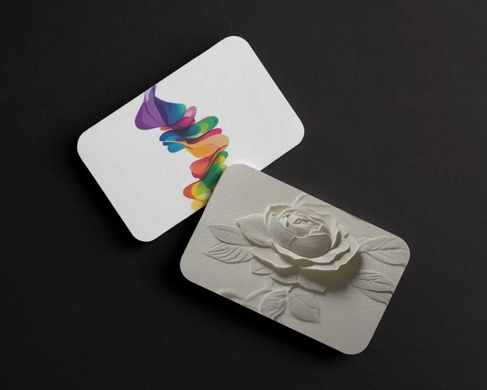 Dark Minimal Business Card Mockup Two Rounded Corner Cards On Black Paper Background Clean And Elegant Flat Lay Presentation 0167