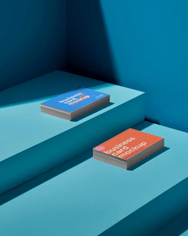 Minimalist Modern Business Card Mockup Thick Card Stacks On Light And Dark Blue Stepped Surfaces 0200