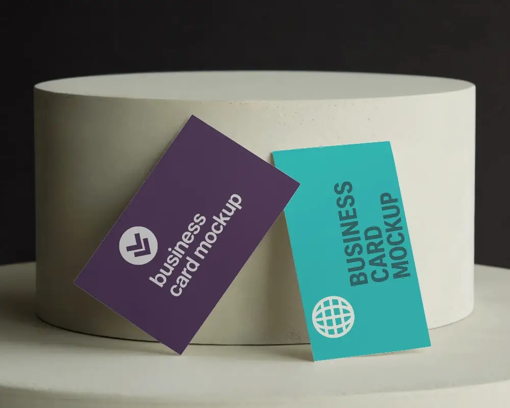 Clean Display Business Card Mockup Angled Cards On Textured Ceramic Platform With Dark Backdrop 0202