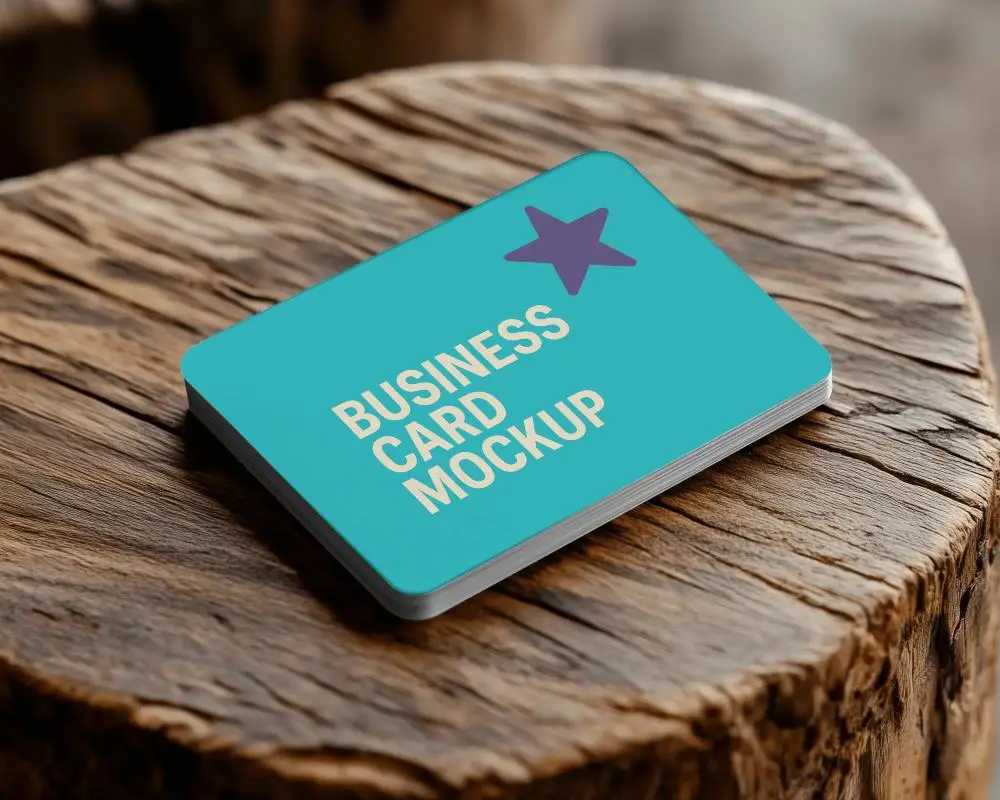 Rustic Wooden Stump Business Card Mockup Rounded Corners Minimalist Design Natural Outdoor Textured Background 0215