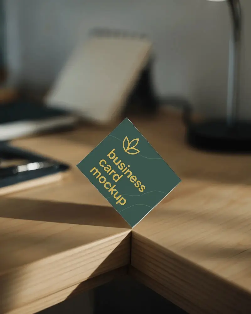 Minimal Desk Corner Business Card Mockup Sunlit Office Environment Modern Clean Setup 0219