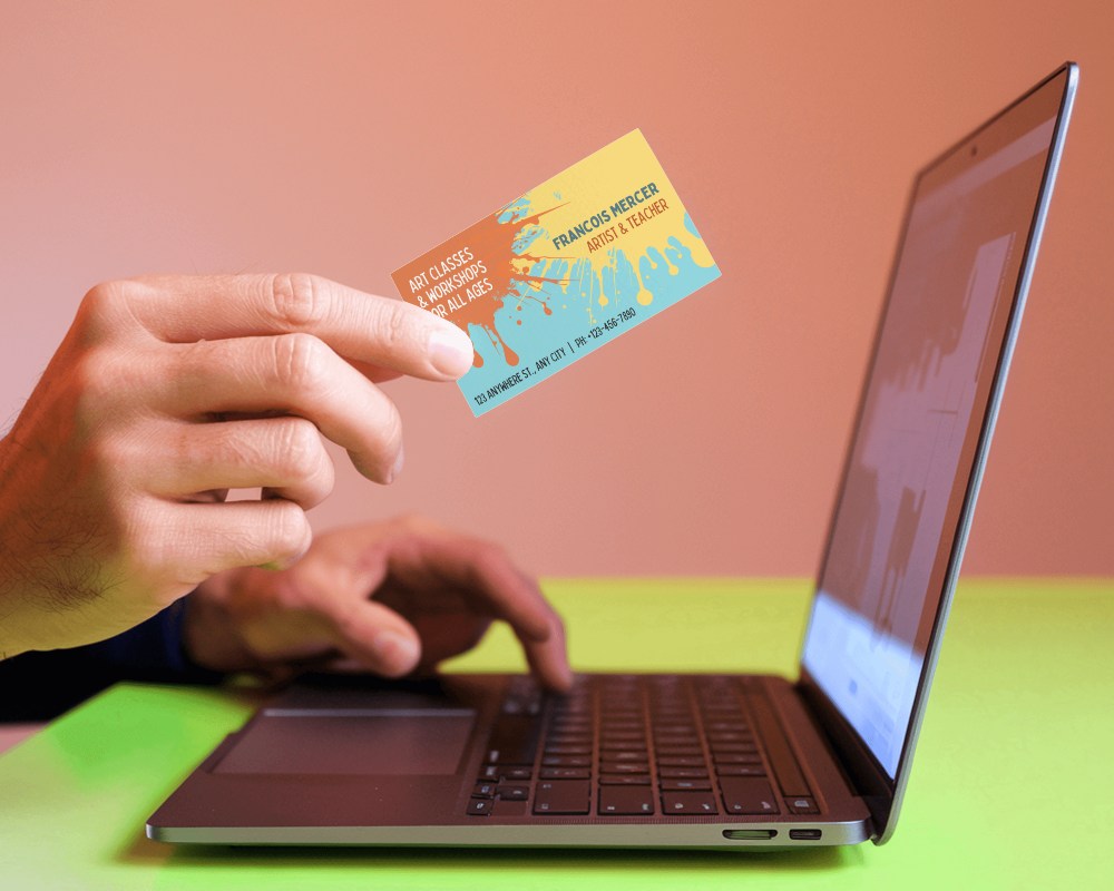 Hand Showing Business Card In Stylish Setup With Colorful Background For Creative Modern Design
