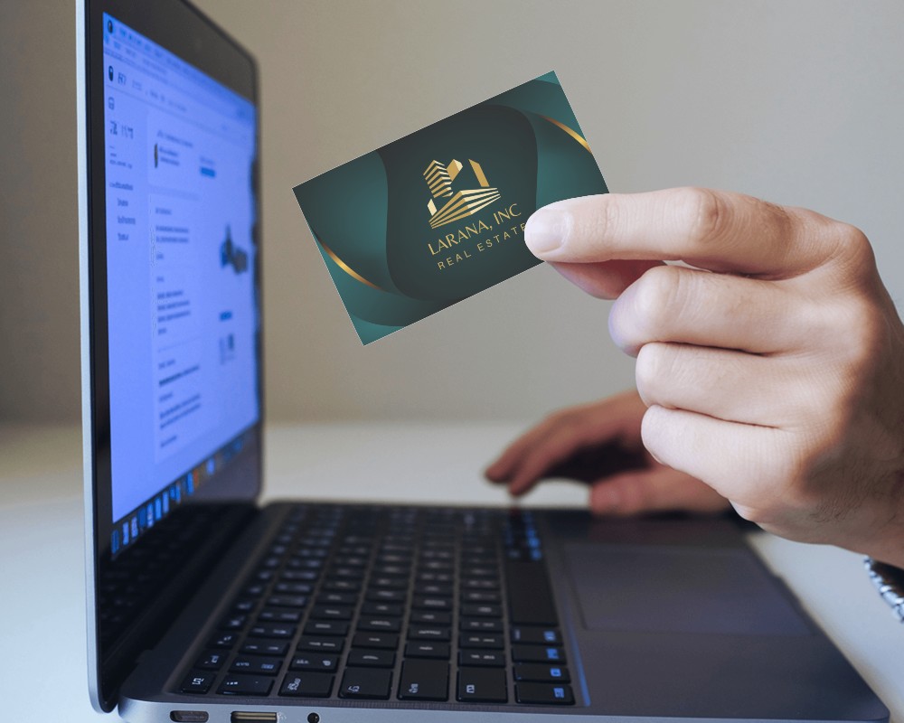 Modern Office Scene With Hand Showing Business Card In Front Of Laptop For Realistic Mockup