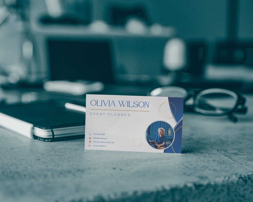 Monochrome Business Card On Rustic Desk Surrounded By Office Items For Vintage Appeal