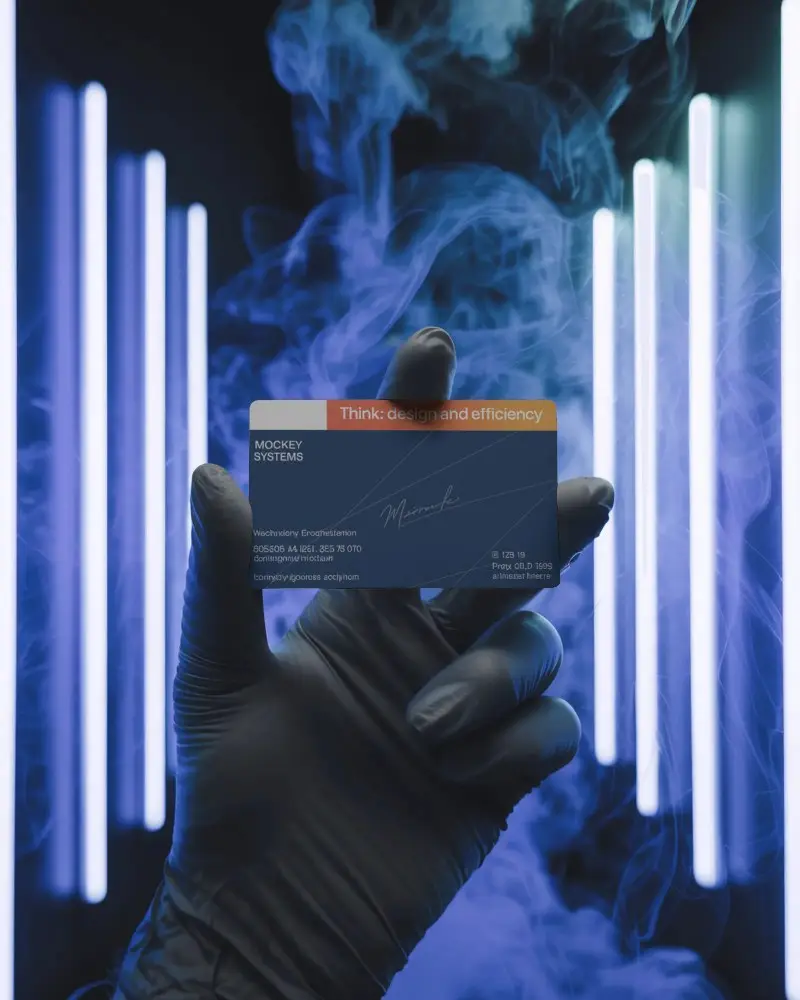 neon-lit-studio-business-card-mockup-black-gloved-hand-holding-card-amid-blue-smoke