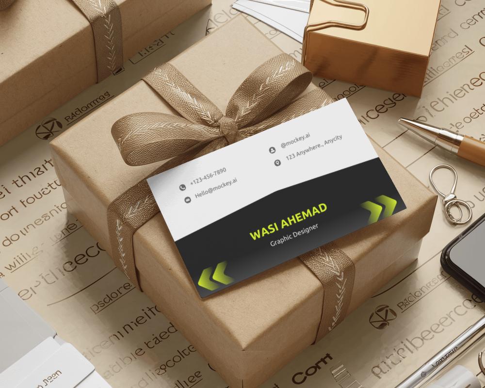Business Card Mockup Placed On Wrapped Gift Box Festive And Elegant Presentation
