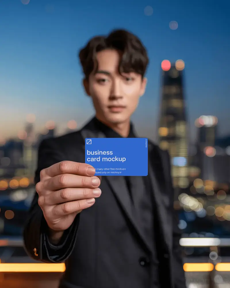 Professional Businessman Holding Blank Card For Mockup Presentation At Nightcityscape