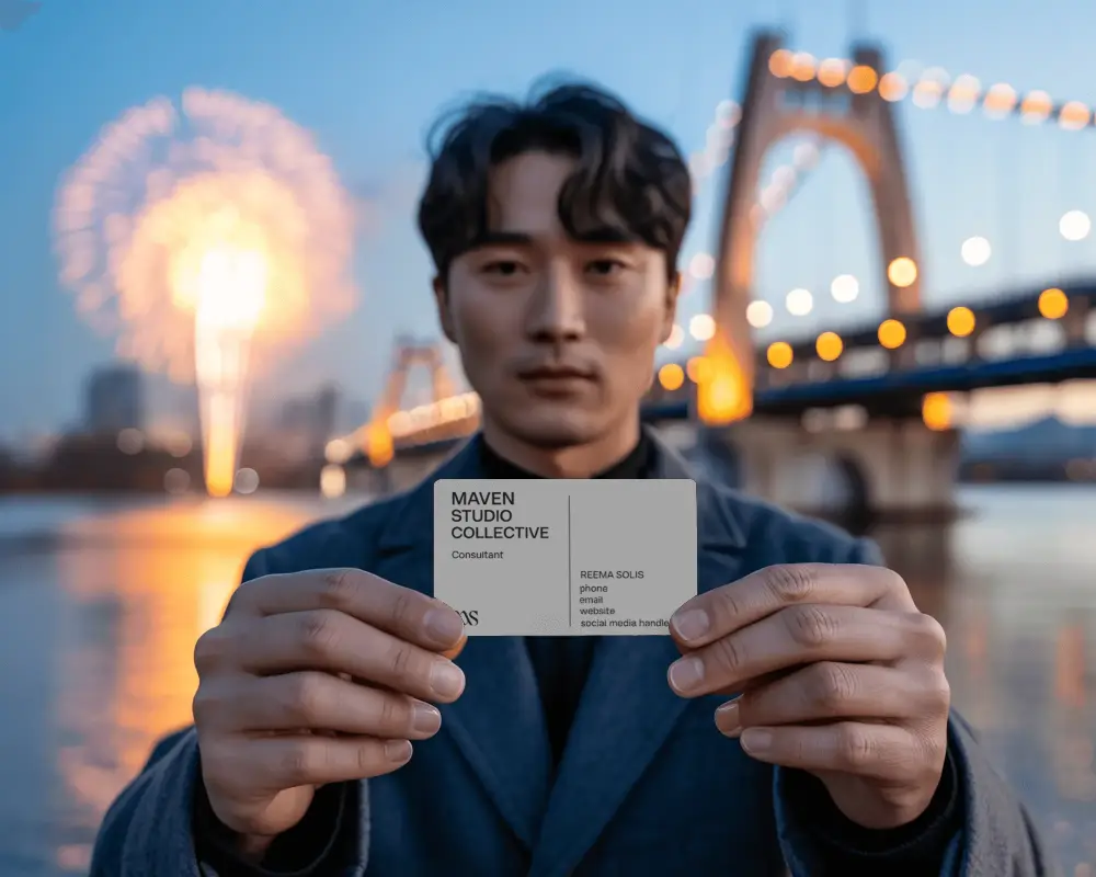 Man Showing Empty Business Card Mockup Lake Bridge Light Decoration Evening Photography