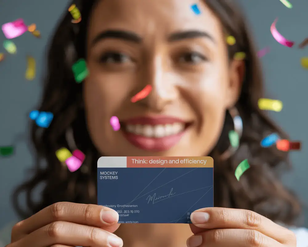 Smiling Woman Holding Blank Business Card Mockup With Colorful Confetti