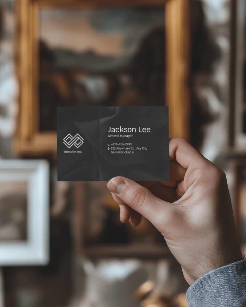 Business Card Mockup In Hand With Art Gallery Background Creative And Artistic Ambience