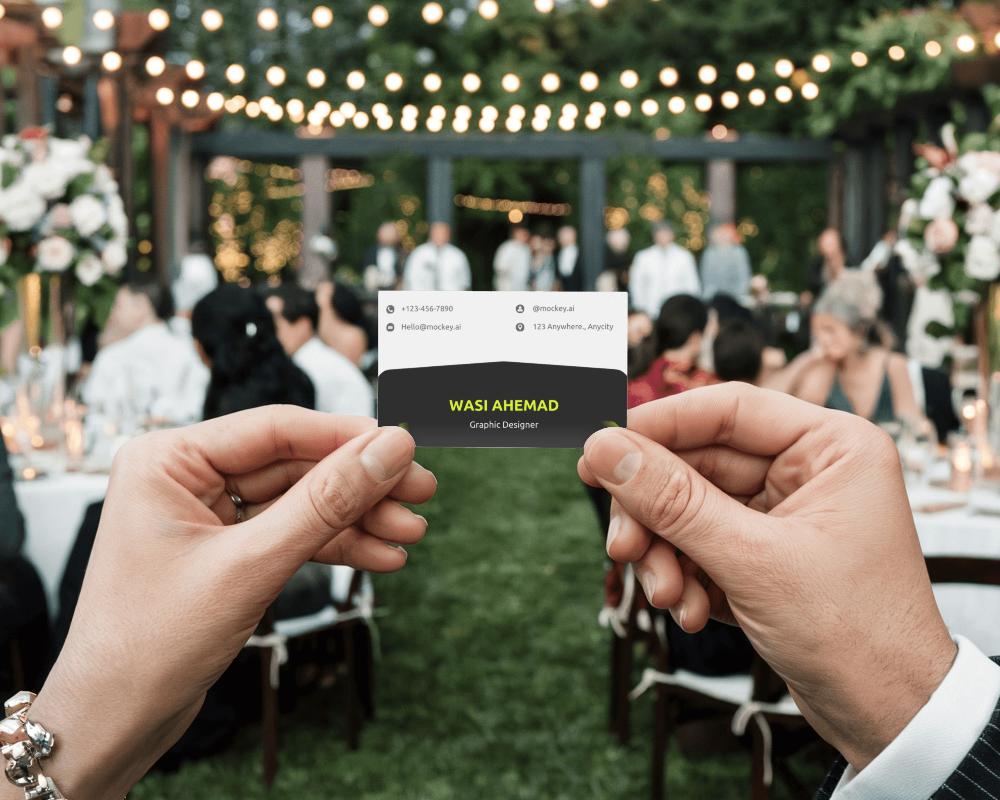 Wedding Event Business Card Mockup Hand Holding Card In Garden Wedding Background