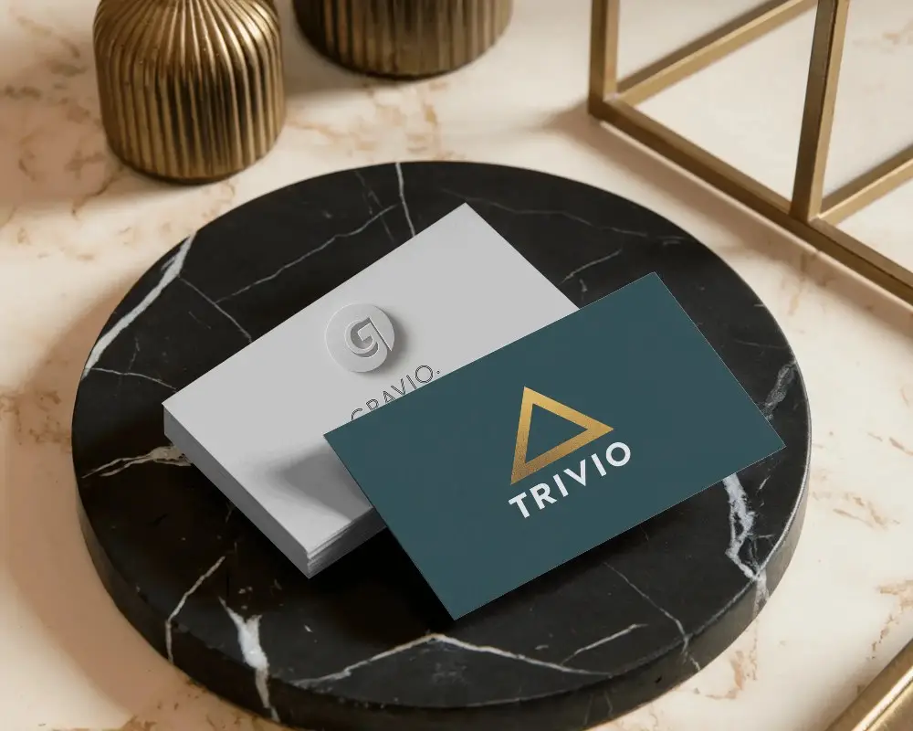 Luxe Stationery Business Card Mockup Minimal Stack On Black Stone Disc With Gold Accents 0178