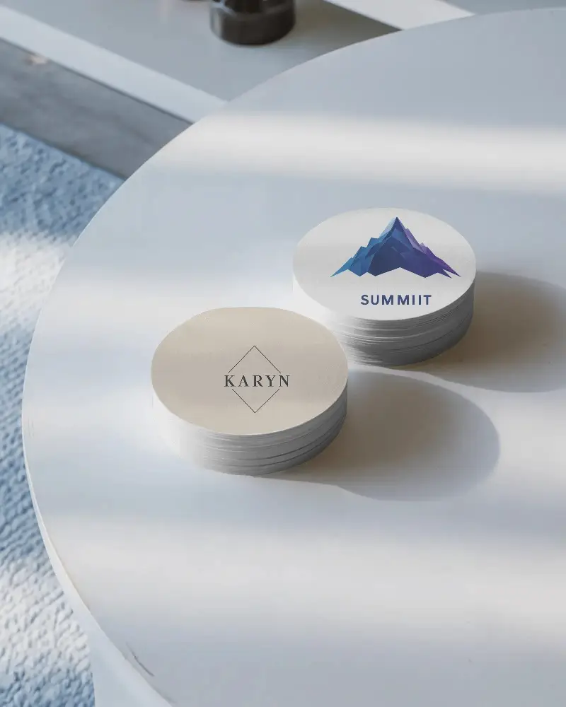 Sunlit Modern Business Card Mockup Round Cards On White Table With Soft Shadows And Cool Tones 0179