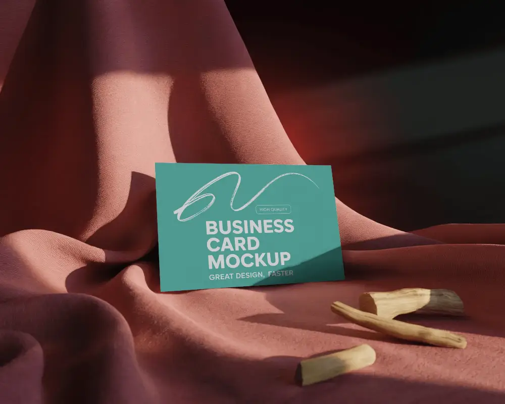 Fabric Drape Business Card Mockup With Warm Light And Natural Wood Props Studio Look