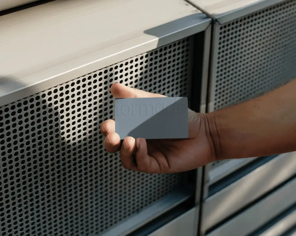 Closeup Shot Of Hand Holding Blank Business Card Against Industrial Metal Background