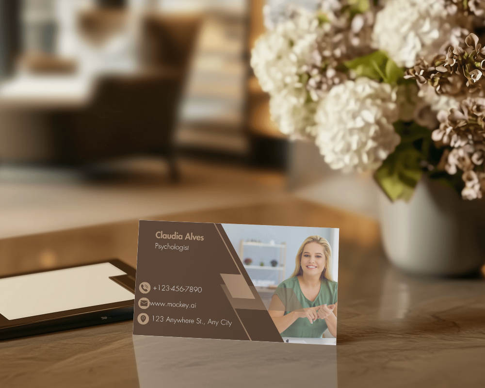 Elegant Business Card Mockup On Marble Table With Floral Arrangement And Electronics