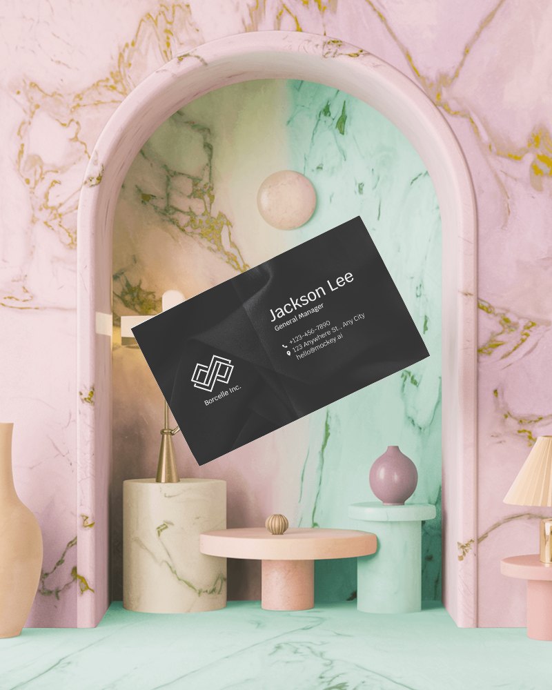 Floating Business Card In Stylish Archway With Marble Background And Pastel Decor For Artistic Touch