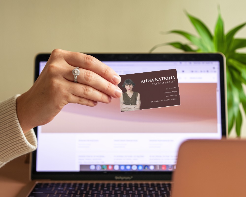 Minimalist Hands Holding Business Card Mockup On Infornt Of Office Desktop