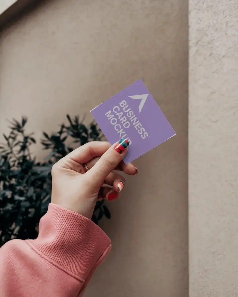 Outdoor Handheld Business Card Mockup Colorful Nails Casual Pink Sweatshirt Soft Lighting 0220