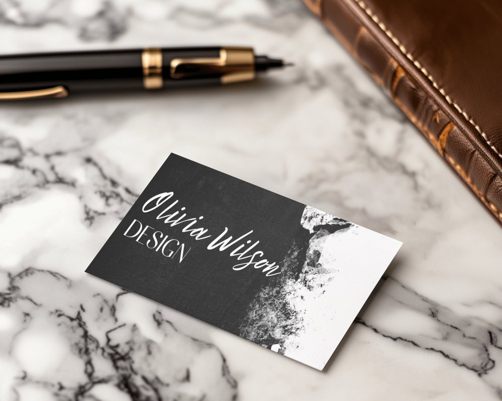 Professional Business Card Mockup On Marble Desk With Fountain Pen And Notebook