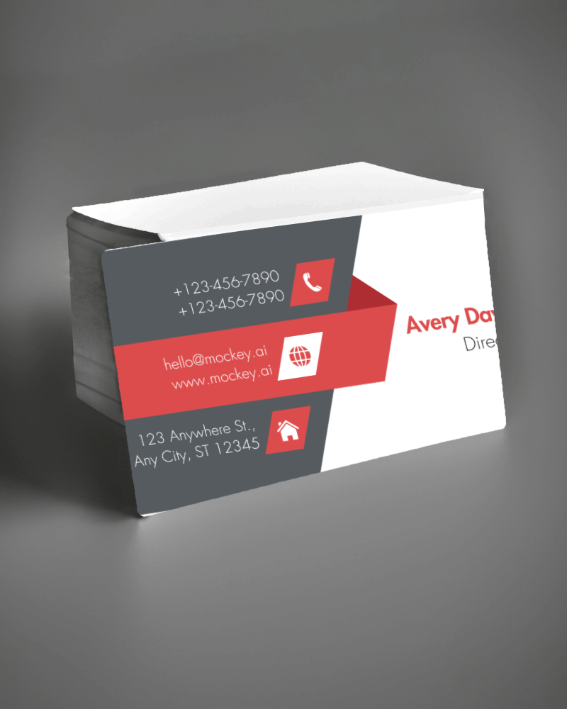 Stack Of Business Cards Mockup With One Card Propped Up On Dark Background