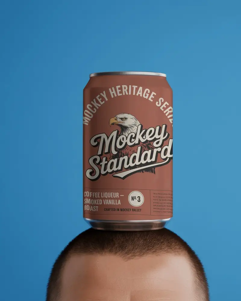 Creative Drinks Can Mockup White Beverage Can Standing On Buzzcut Head In Studio Lighting Scene