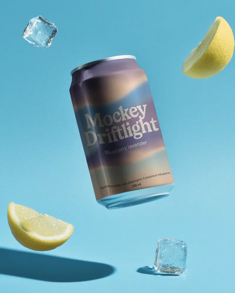 Refreshing Cold Beverage Can Mockup Surrounded By Lemon Slices And Ice Cubes Floating