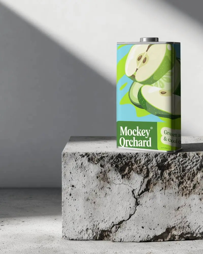 Premium Metal Flat Can Mockup On Textured Rock Surface With Natural Light And Shadow