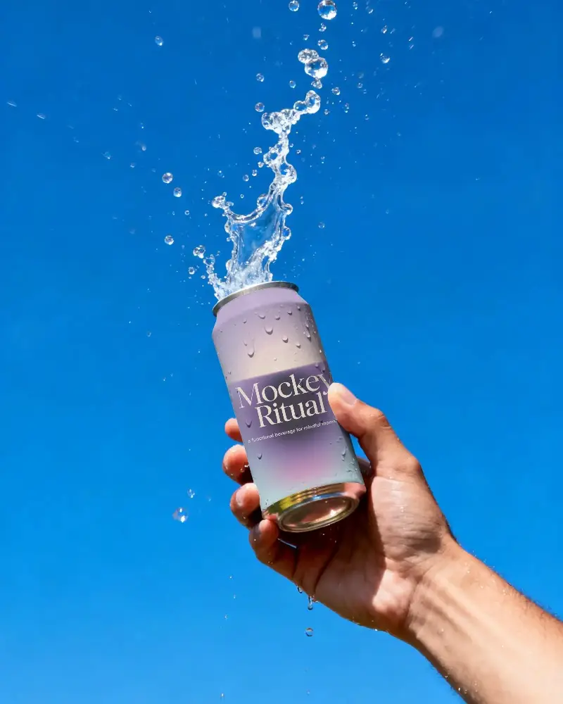 Refreshing Beverage Can Mockup With Droplets And Water Splash On Blue Sky Backdrop
