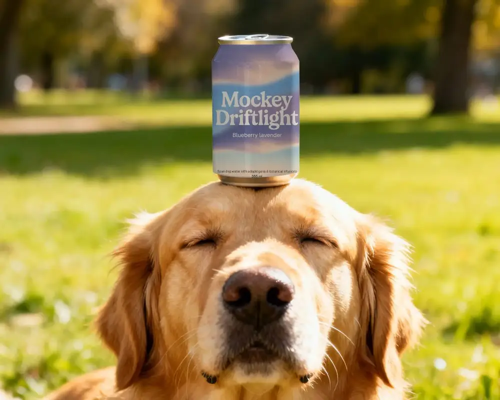 Relaxing Outdoor Dog With Can Mockup For Beverage Brand Promotion Or Packaging Design