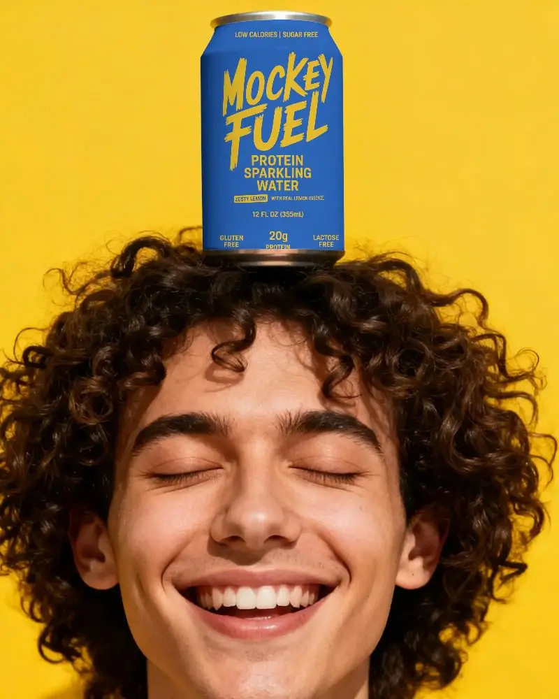Smiling Young Man With Texture Can Mockup On His Head Against Solid Backdrop