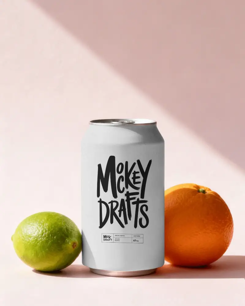 Minimal Studio Soda Can Mockup With Citrus Fruits Clean Shadow Play Soft Pastel Background