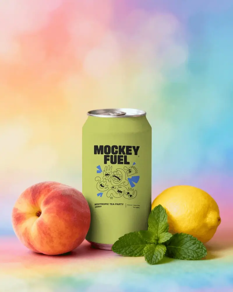 Rainbow Gradient Background Can Mockup With Fresh Fruits Vibrant Colorful Studio Scene