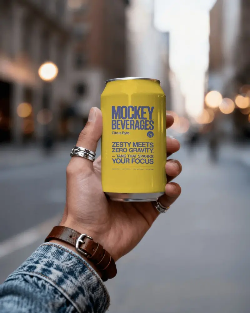 Urban Handheld Can Mockup With City Street Bokeh Background Lifestyle Photography
