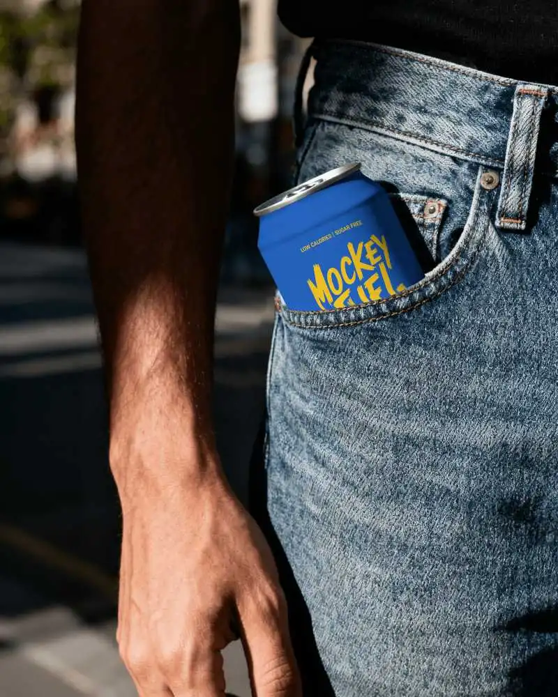 Denim Pocket Can Mockup Casual Lifestyle Outdoor Street Style Natural Light
